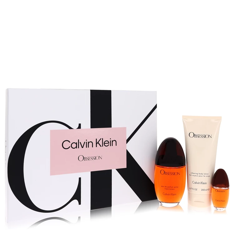 Obsession Gift Set: 100 ml (3,4 oz) Eau De Parfum (EDP) Spray + 200 ml (6,7 oz) Body Lotion + 0,5 oz Mini EDP Spray chính hãng Calvin Klein
